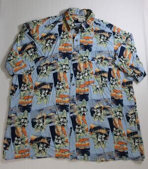 Vintage CC Sport Hawaiian Shirt Mens XL Blue Tropical Aloha Casual Button Down